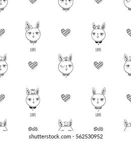 Seamless pattern with hand drawn cute rabbits and hearts. Elements for Valentine's Day, mother's day, birthday, wedding. Vector illustration