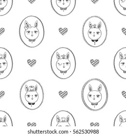 Seamless pattern with hand drawn cute rabbits, vintage photo frames and hearts. Elements for Valentine's Day, mother's day, birthday, wedding. Vector illustration.