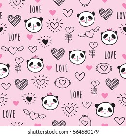 Seamless pattern with hand drawn cute pandas and hearts for Valentine's Day, mother's day, birthday, wedding. Pink background. Doodles, sketch. Vector illustration.