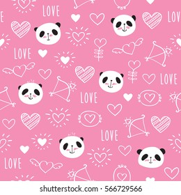 Seamless pattern with hand drawn cute pandas and hearts for Valentine's Day, mother's day, birthday, wedding. Doodles, sketch. Vector illustration.