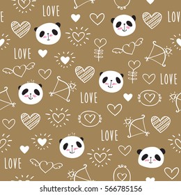 Seamless pattern with hand drawn cute pandas and hearts. Wrapping paper for Valentine's Day, mother's day, birthday, wedding. Doodles, sketch. Vector.