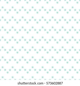 Seamless pattern with hand drawn cute little blue stars in a zigzag line on white background. Sky background. Vector illustration.