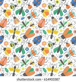 Seamless pattern with hand drawn cute bugs and beetles. Can be used for wrapping paper, wallpaper and textile design. Vector illustration