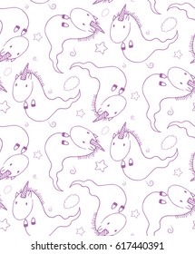 Seamless pattern of hand drawn cute cartoon ghost unicorn with stars and fluffy clouds. Design for children -  textile, wallpaper, wrapping paper.