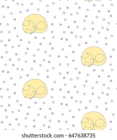 Seamless pattern of hand drawn cute sleeping curled up yellow cat on a white background with stars.  Design concept for children - textile print, wallpaper, wrapping paper. Vector.