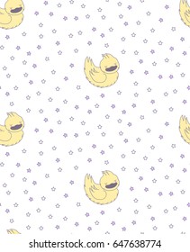 Seamless pattern of hand drawn cute sleeping yellow duck on a white background with stars.  Design concept for children - textile print, wallpaper, wrapping paper. Vector.