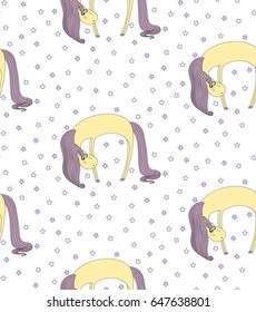 Seamless pattern of hand drawn cute sleeping yellow unicorn with violet mane and tail on a white background with stars.  Design concept for children - textile print, wallpaper, wrapping paper. Vector.