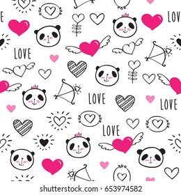 Seamless pattern with hand drawn cute pandas and hearts for textile, wallpapers, gift wrap and scrapbook. Elements for mother's day, Valentine's Day, birthday, wedding.  Vector.