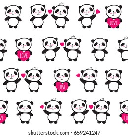 Seamless pattern with hand drawn cute pandas and hearts for textiles, wallpapers, gift wraps and scrapbook. Sketch, doodles, elements for Valentine's Day, mother's day, birthday, wedding. Vector