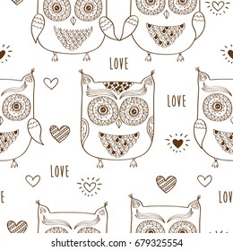 Seamless pattern with hand drawn cute owls and hearts for textile, wallpapers, gift wrap and scrapbook. Background for Valentine's Day, birthday, wedding. Vector illustration.