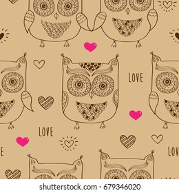 Seamless pattern with hand drawn cute owls and hearts for textile, wallpapers, gift wrap and scrapbook. Background for Valentine's Day, birthday, wedding. Vector illustration.