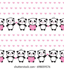 Seamless pattern with hand drawn cute pandas and pink hearts for textiles, wallpapers, gift wraps and scrapbook.  Background for Valentine's Day, mother's day, birthday, wedding. Vector.