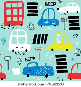 Seamless pattern with hand drawn cute car. Cartoon cars, road sign,zebra crossing vector illustration.Perfect for kids fabric,textile,nursery wallpaper