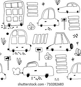 Seamless pattern with hand drawn cute car. Cartoon cars, road sign,zebra crossing vector illustration.Perfect for kids fabric,textile,nursery wallpaper