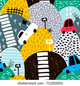 Seamless pattern with hand drawn cute car and hills. Cartoon cars, road sign, zebra crossing vector illustration. Perfect for kids fabric,textile,nursery wallpaper