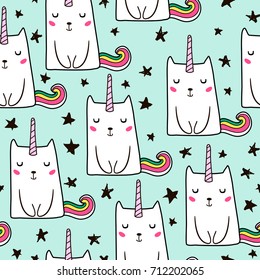 Seamless pattern with hand drawn cute cats unicorn. Cartoon cat vector illustration. Perfect for kids fabric,textile,nursery wallpaper