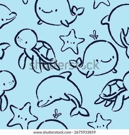 Seamless Pattern Hand Drawn Cute Sketch Dolphin, Star, Whale and Turtle Vector Illustration Kids print fashion print graphic