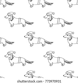 Seamless Pattern with hand drawn Dachshund Puppy wearing Santa's Hat and Red Costume. Textile and Wrapping Vector Texture.