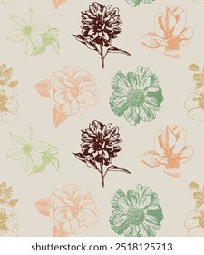 Seamless pattern with hand drawn dahlia, camellia, rose hip flowers. Pen and ink style illustration