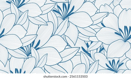 Seamless pattern with hand drawn dahlia flowers, blue pattern on white background.