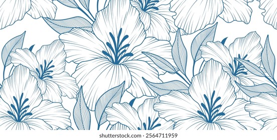 Seamless pattern with hand drawn dahlia flowers, blue pattern on white background.