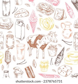 Seamless pattern of hand drawn dairy produce. Eco food. Vector illustrations in sketch style. Engraving style. 