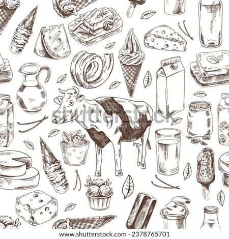 Seamless pattern of hand drawn dairy produce. Eco food. Vector illustrations in sketch style. Engraving style. 