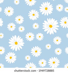 Seamless pattern with hand drawn daisies on blue background vector illustration. Cute floral print. Flat design.