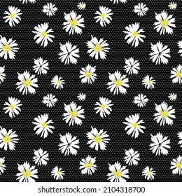 seamless pattern with hand drawn daisies on black dotted background