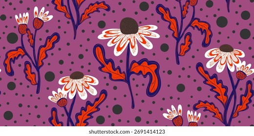 Seamless pattern with hand drawn daisies. Cute autumn floral background, fall wallpaper. Summer vector botanical design textile fabric print. Harvest garden wrapping paper.
