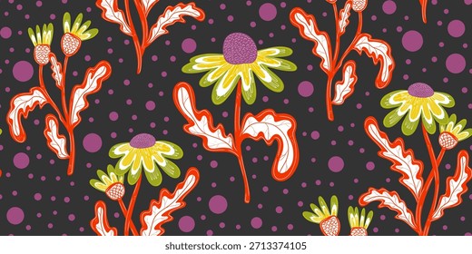 Seamless pattern with hand drawn daisies. Cute autumn floral background, fall wallpaper. Summer vector botanical design textile fabric print. Harvest garden wrapping paper.

