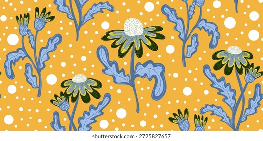 Patrón sin fisuras con margaritas dibujadas a mano. Lindo fondo floral de otoño, Fondo de pantalla de otoño. Impresión de tela textil de diseño botánico de Vector de verano. Cosecha de papel de embalaje de jardín.
