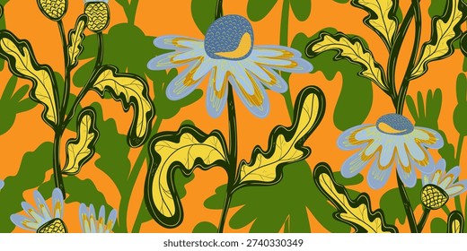 Seamless pattern with hand drawn daisies. Cute autumn floral background, fall wallpaper. Summer vector botanical design textile fabric print. Harvest garden wrapping paper.
