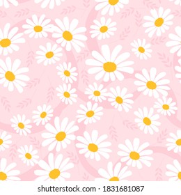 Seamless pattern with hand drawn daisy flower on pink background vector illustration.