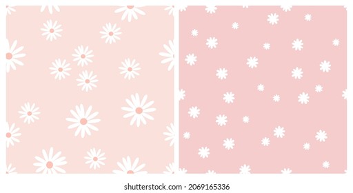 Seamless pattern with hand drawn daisy flower on pastel pink backgrounds vector illustration. Cute floral print, flat design.