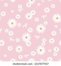 Seamless pattern with hand drawn daisy flower and ribbon bows on pink background vector illustration. 