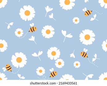 Seamless pattern with hand drawn daisy garden and bee cartoons on blue background vector illustration. Cute floral print.
