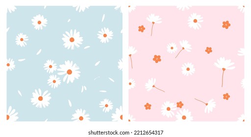 Seamless pattern with hand drawn daisy flower on blue and pink backgrounds vector illustration. Cute floral print.