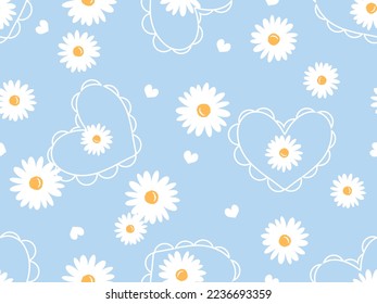 Seamless pattern with hand drawn daisy flower and white hearts on blue background vector illustration.   