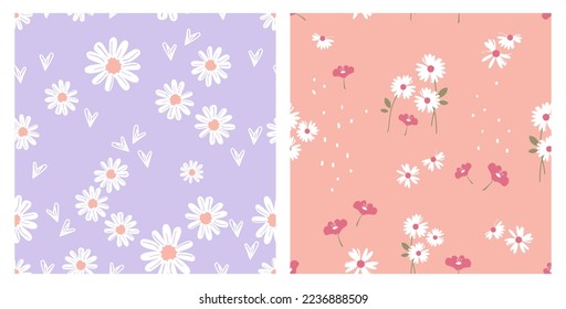 Seamless pattern with hand drawn daisy flower, hearts, dots and green leaves on purple and pink background vector illustration. Cute floral print.