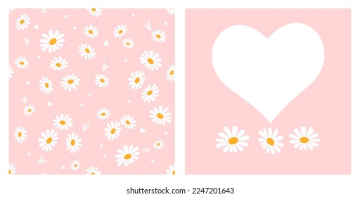 Seamless pattern with hand drawn daisy flower and hearts on pink background. White heart and daisy flower set icon sign on pink background vector illustration.