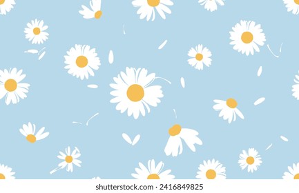 Seamless pattern with hand drawn daisy flower and flying petals on blue background vector illustration.