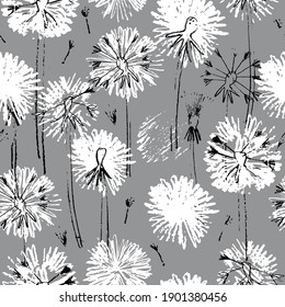 Seamless pattern with hand drawn dandelion flowers for surface design and other design projects. Monochrome line art, gray background