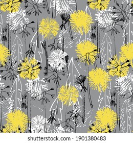 Seamless pattern with hand drawn dandelion flowers for surface design and other design projects. Trendy Illuminating Yellow and Ultimate Gray colors
