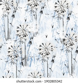 Seamless pattern with hand drawn dandelion flowers for surface design and other design projects. Line art, light blue background