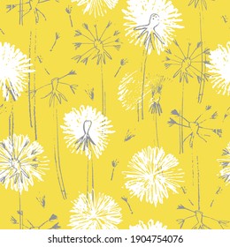 Seamless pattern with hand drawn dandelion flowers for surface design and other design projects. Trendy Illuminating Yellow and Ultimate Gray colors, yellow background