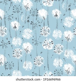 Seamless pattern with hand drawn dandelion flowers for surface design and other design projects. Line art, blue background