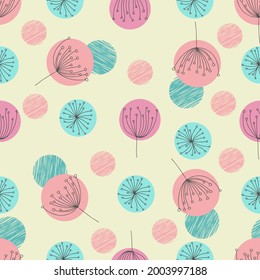 Seamless pattern hand drawn dandelion flower on yellow background. Vector flat illustration.