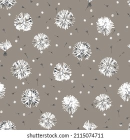 Seamless pattern with hand drawn dandelion flowers for surface design and other design projects. Monochrome line art, light brown background