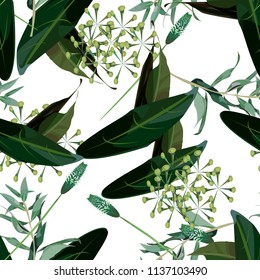 Seamless pattern, hand drawn dark green, brown and white guava leaf on sprig on grey background